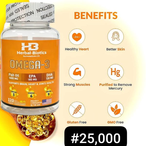 Herbal-Biotics Omega-3 Fish Oil 1000mg – Heart, Brain & Joint Support (120 Softgels)