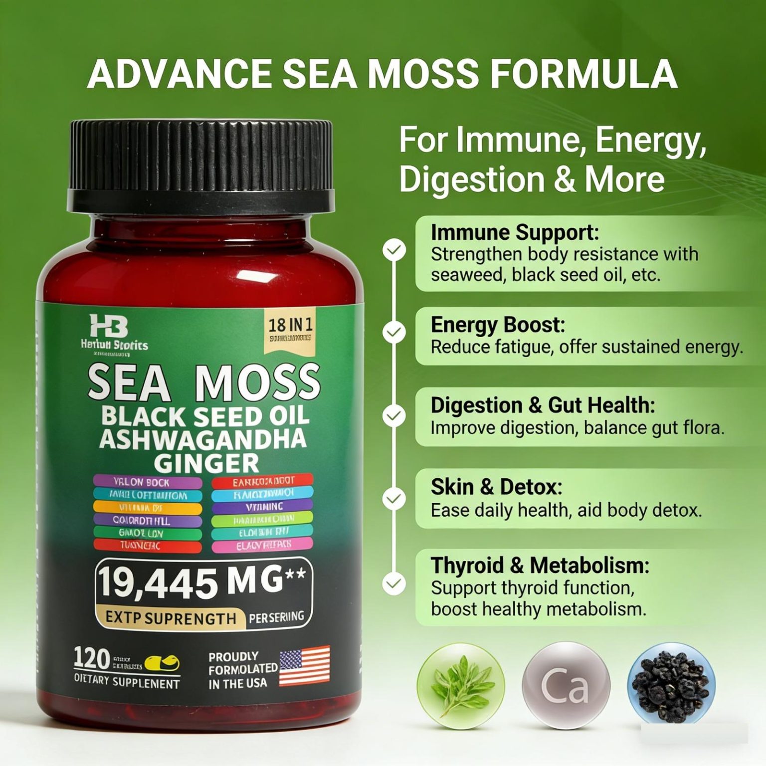 Herbal-Biotics Sea Moss Complex – Black Seed Oil, Ashwagandha & Ginger (120 Capsules)