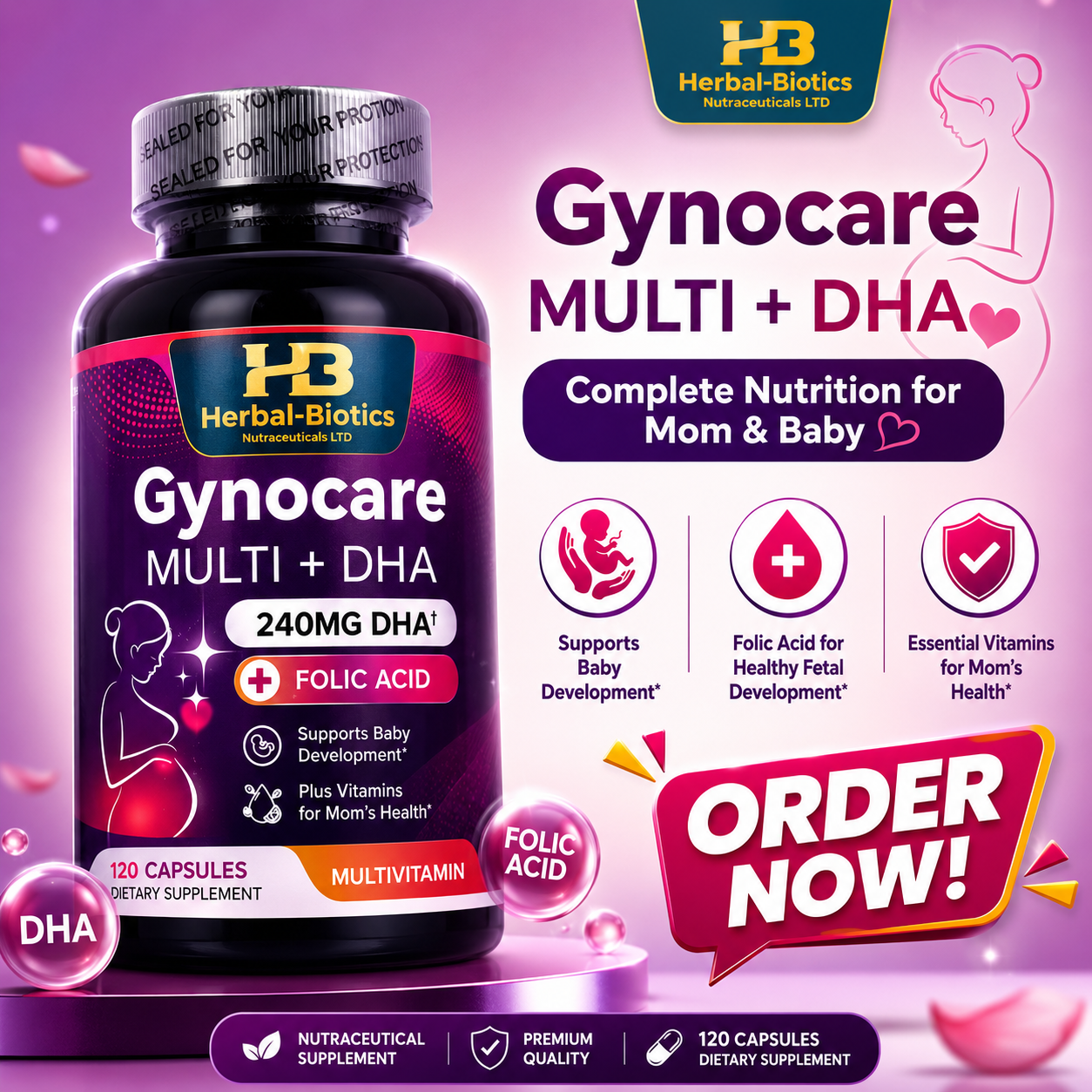 Gynocare Multi + DHA Prenatal Multivitamin with Folic Acid - 120 Capsules | Free Delivery