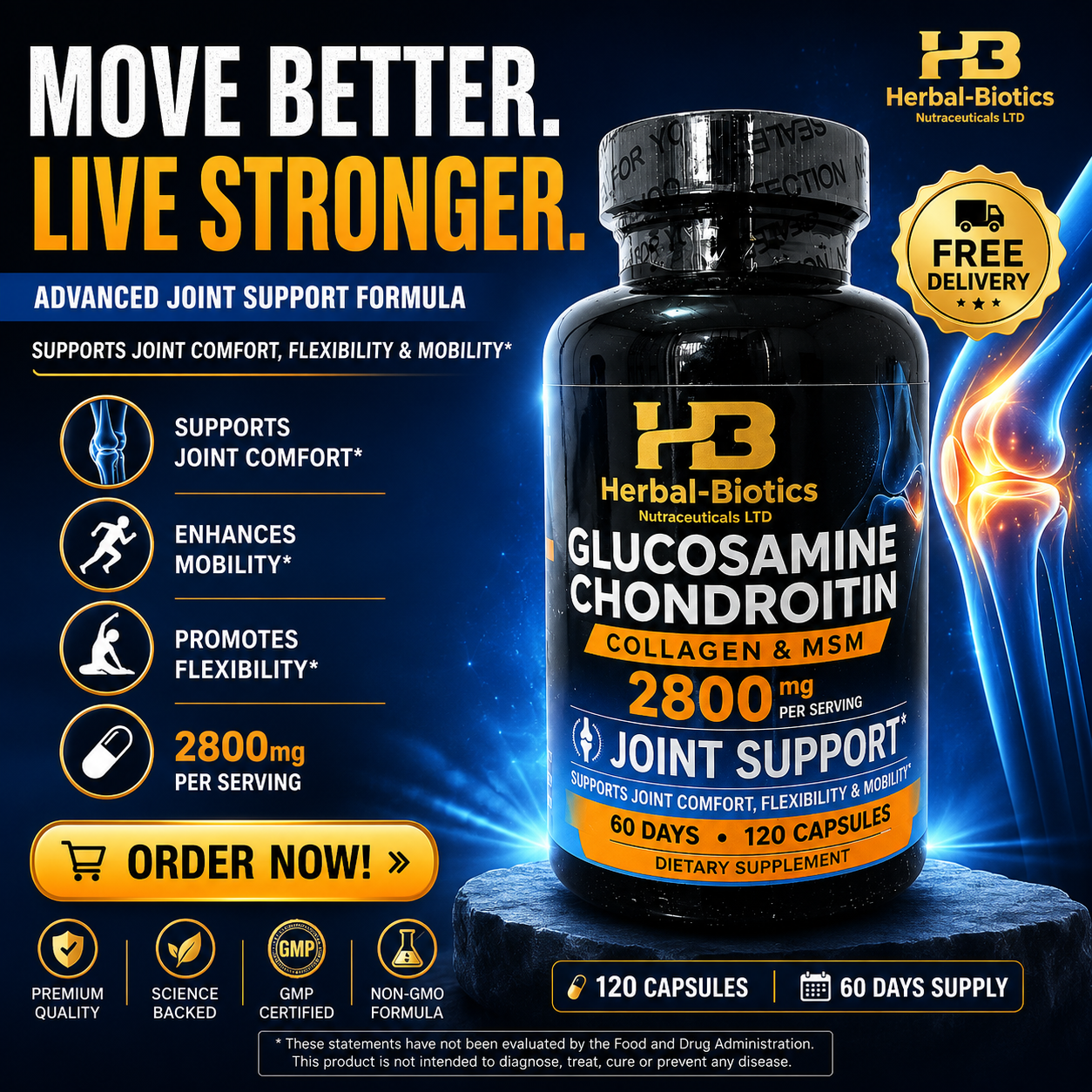 Glucosamine Chondroitin + Collagen & MSM 2800mg – Advanced Joint Support | 120 Capsules
